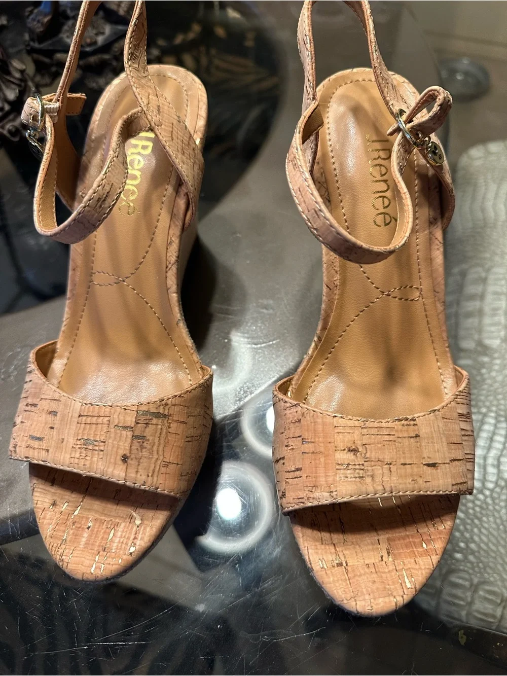 Embroidered Tan Platform Wedge Sandals with Floral Detail